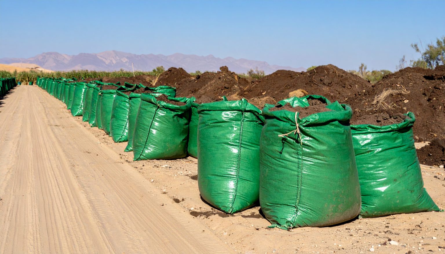 Firefly offene grüne big packs mit dunkelbrauner erde ordentlich aufgereiht in der wüste, im Hinterg-3